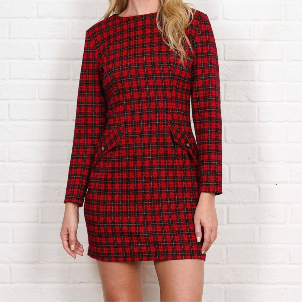 Vintage 1990s Plaid Stretch Midi Dress Size S/M Red Black